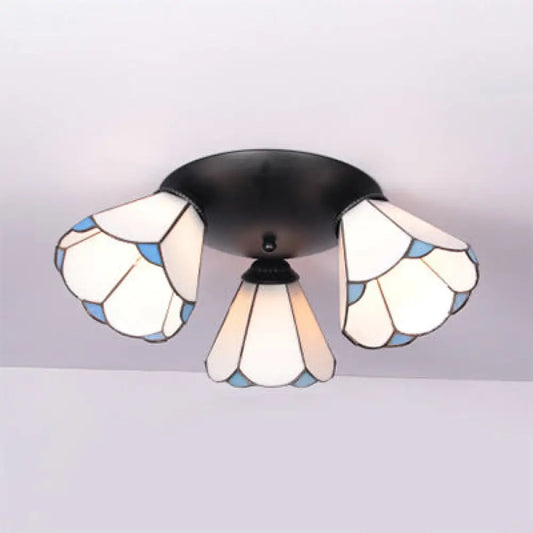 DecorBites™ DecorBites™ Tiffany Stained Glass 3-Light Conic Ceiling Fixture in White/Blue/Beige for Living Room