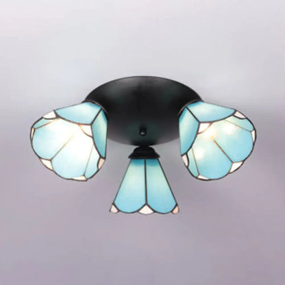 DecorBites™ DecorBites™ Tiffany Stained Glass 3-Light Conic Ceiling Fixture in White/Blue/Beige for Living Room
