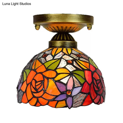 DecorBites™ DecorBites™ Tiffany Stained Glass Bedroom Ceiling Light: Antique Brass Semi-Flush Mount with Floral Shade