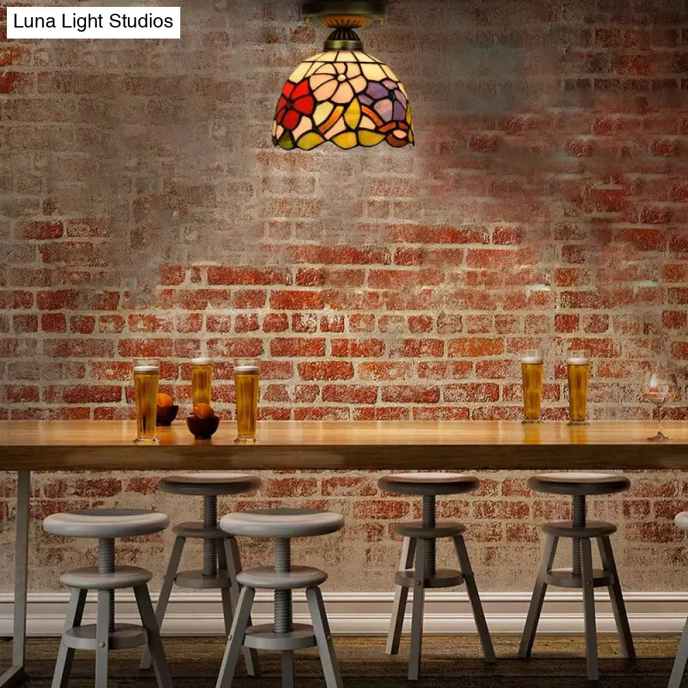 DecorBites™ DecorBites™ Tiffany Stained Glass Bedroom Ceiling Light: Antique Brass Semi-Flush Mount with Floral Shade