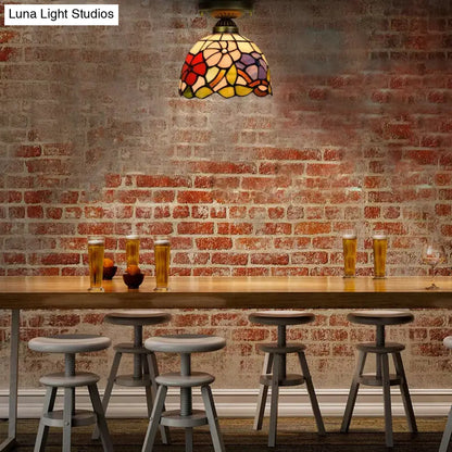 DecorBites™ DecorBites™ Tiffany Stained Glass Bedroom Ceiling Light: Antique Brass Semi-Flush Mount with Floral Shade
