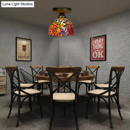 DecorBites™ DecorBites™ Tiffany Stained Glass Bedroom Ceiling Light: Antique Brass Semi-Flush Mount with Floral Shade