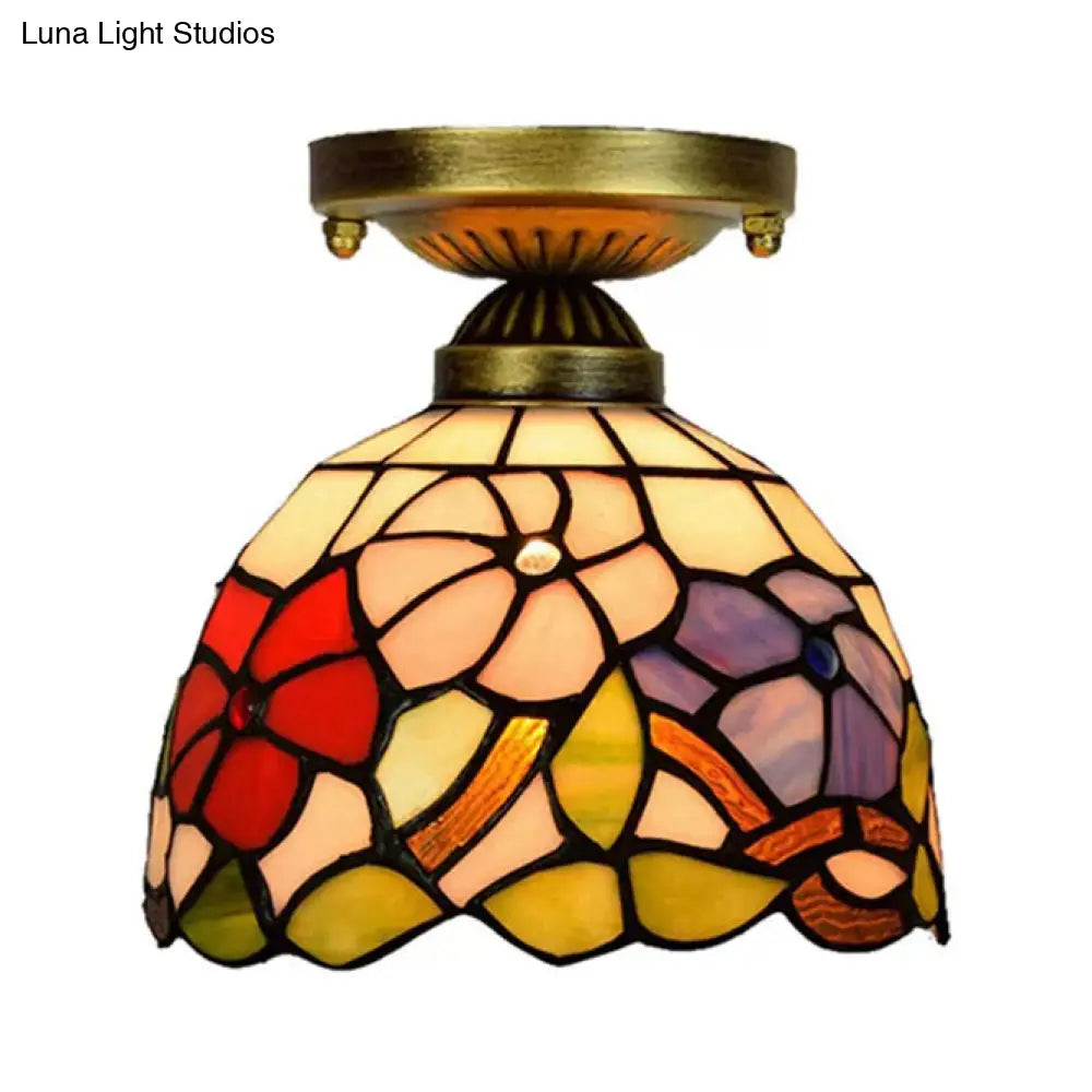 DecorBites™ DecorBites™ Tiffany Stained Glass Bedroom Ceiling Light: Antique Brass Semi-Flush Mount with Floral Shade