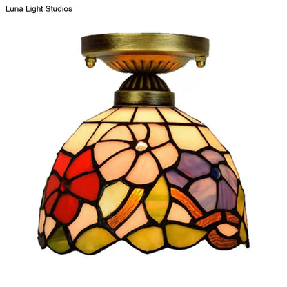 DecorBites™ DecorBites™ Tiffany Stained Glass Bedroom Ceiling Light: Antique Brass Semi-Flush Mount with Floral Shade