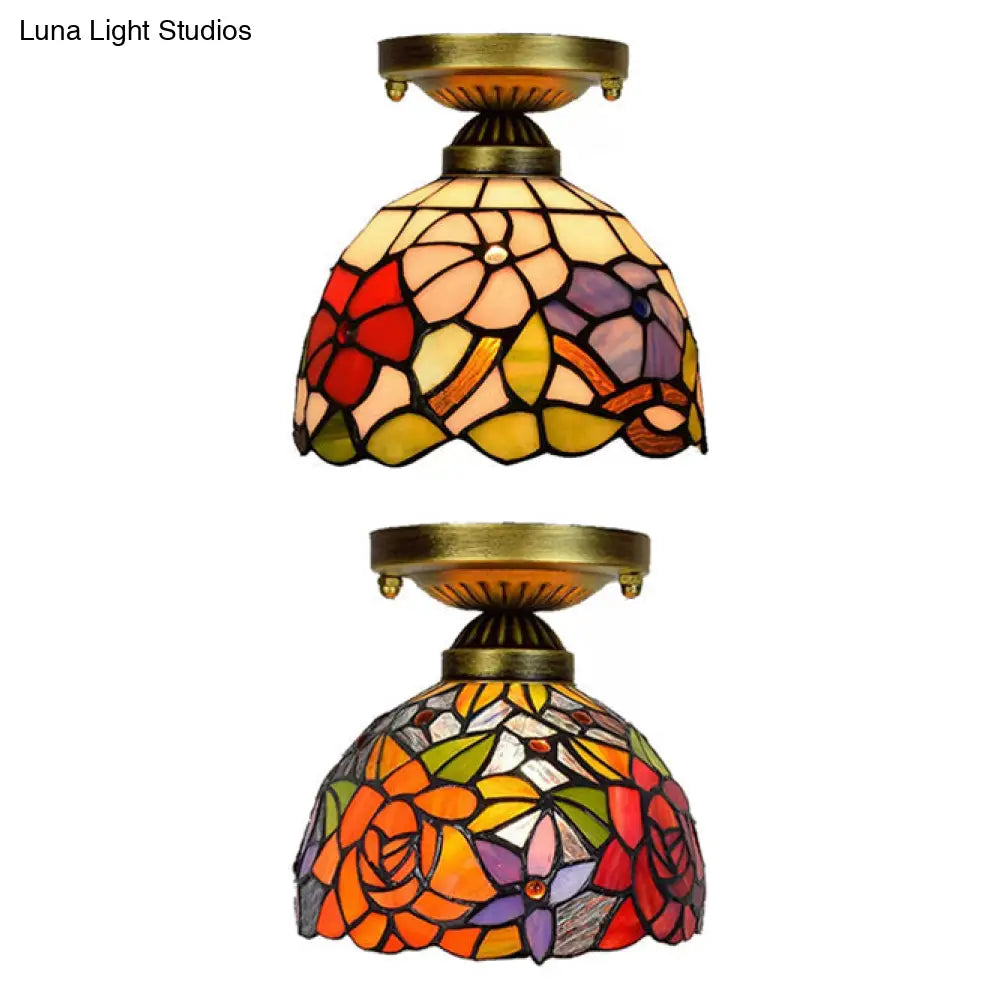 DecorBites™ DecorBites™ Tiffany Stained Glass Bedroom Ceiling Light: Antique Brass Semi-Flush Mount with Floral Shade
