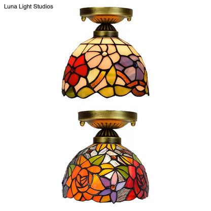 DecorBites™ DecorBites™ Tiffany Stained Glass Bedroom Ceiling Light: Antique Brass Semi-Flush Mount with Floral Shade