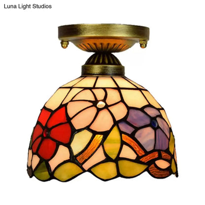 DecorBites™ DecorBites™ Tiffany Stained Glass Bedroom Ceiling Light: Antique Brass Semi-Flush Mount with Floral Shade