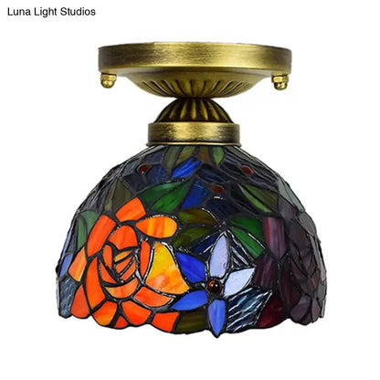 DecorBites™ DecorBites™ Tiffany Stained Glass Bedroom Ceiling Light: Antique Brass Semi-Flush Mount with Floral Shade