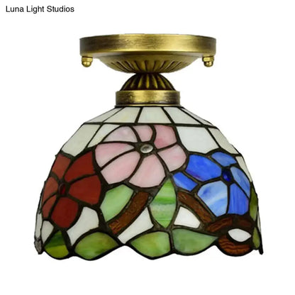 DecorBites™ DecorBites™ Tiffany Stained Glass Bedroom Ceiling Light: Antique Brass Semi-Flush Mount with Floral Shade