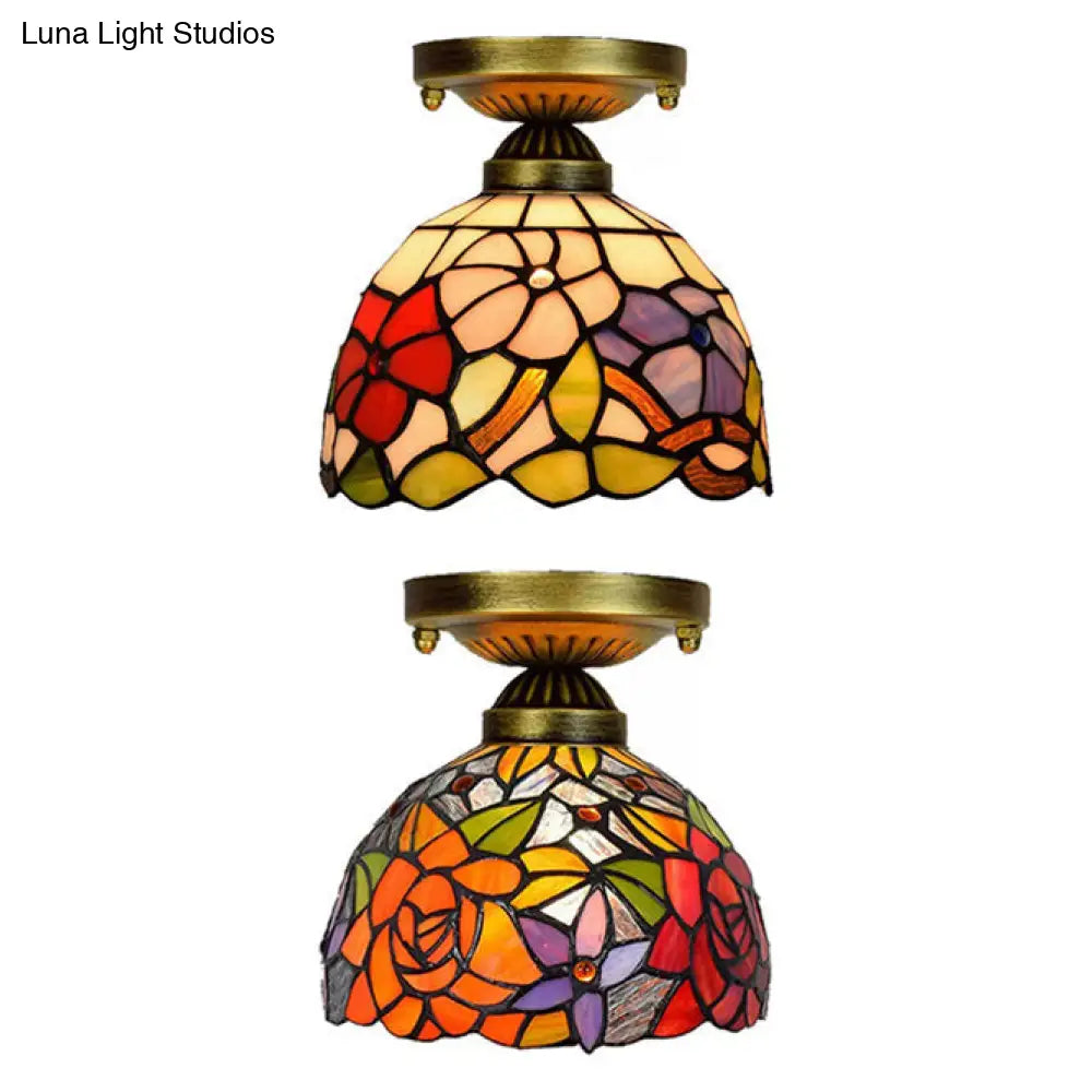 DecorBites™ DecorBites™ Tiffany Stained Glass Bedroom Ceiling Light: Antique Brass Semi-Flush Mount with Floral Shade