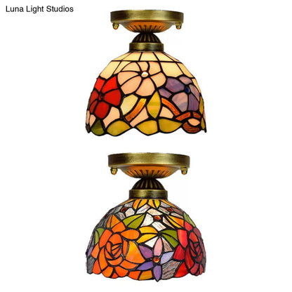 DecorBites™ DecorBites™ Tiffany Stained Glass Bedroom Ceiling Light: Antique Brass Semi-Flush Mount with Floral Shade