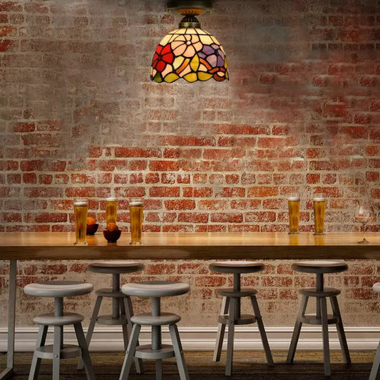 DecorBites™ DecorBites™ Tiffany Stained Glass Bedroom Ceiling Light: Antique Brass Semi-Flush Mount with Floral Shade
