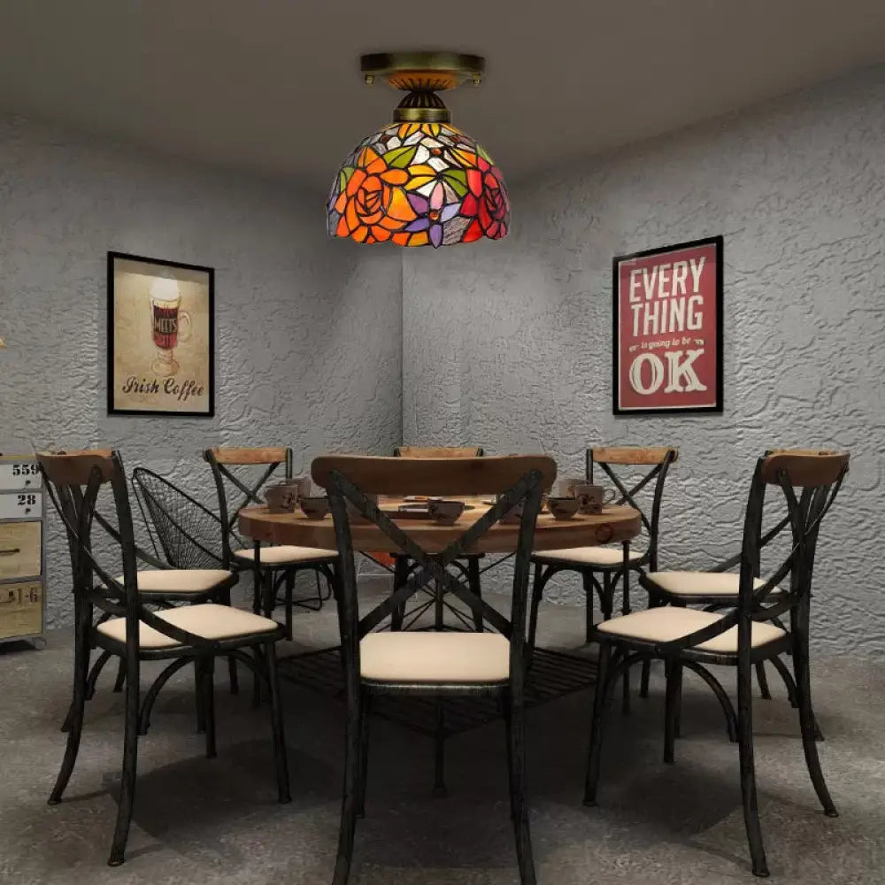 DecorBites™ DecorBites™ Tiffany Stained Glass Bedroom Ceiling Light: Antique Brass Semi-Flush Mount with Floral Shade