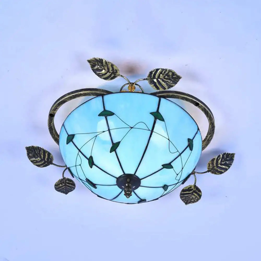 DecorBites™ DecorBites™ Tiffany Stained Glass Bowl Flushmount Light - 3 Bulb Ceiling Fixture with Leaf Decoration - White/Blue/Green