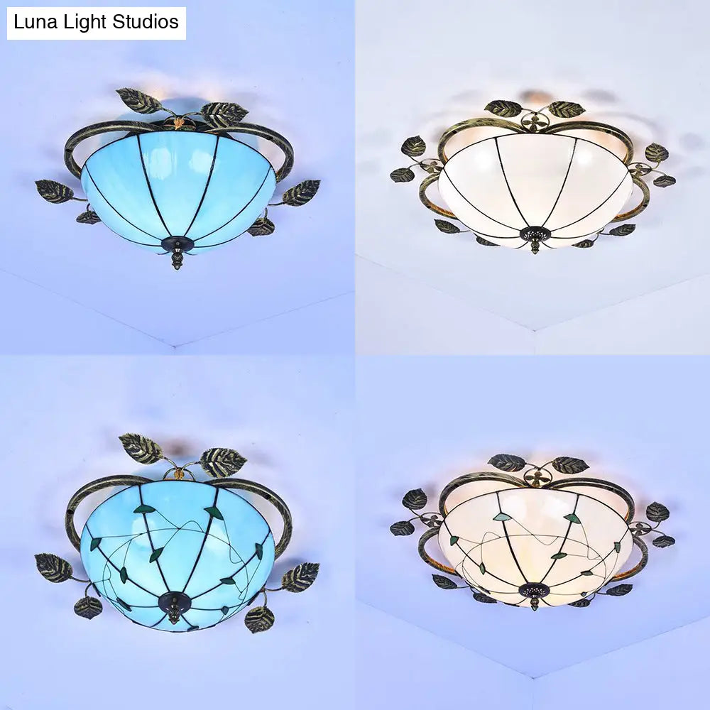 DecorBites™ DecorBites™ Tiffany Stained Glass Bowl Flushmount Light - 3 Bulb Ceiling Fixture with Leaf Decoration - White/Blue/Green