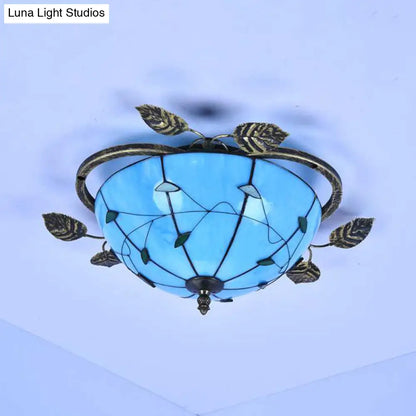 DecorBites™ DecorBites™ Tiffany Stained Glass Bowl Flushmount Light - 3 Bulb Ceiling Fixture with Leaf Decoration - White/Blue/Green