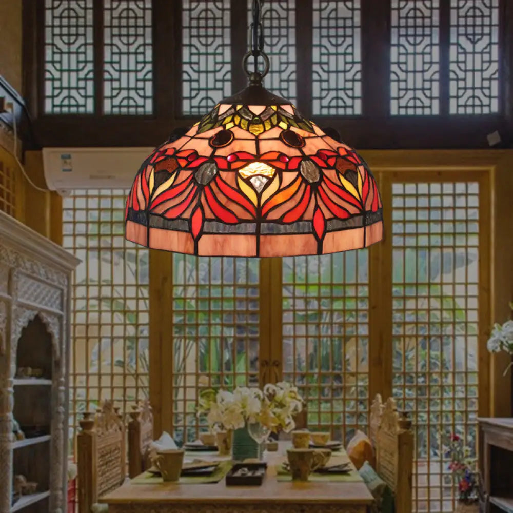 Tiffany Stained Glass Bowl Shade Hanging Light with Red Finish for Dining Room