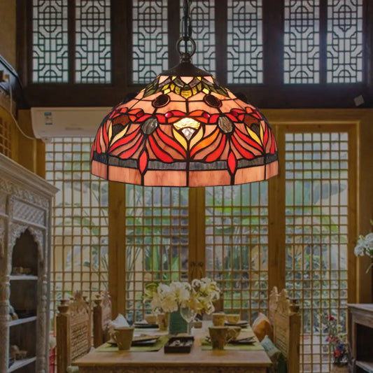 Tiffany Stained Glass Bowl Shade Hanging Light with Red Finish for Dining Room