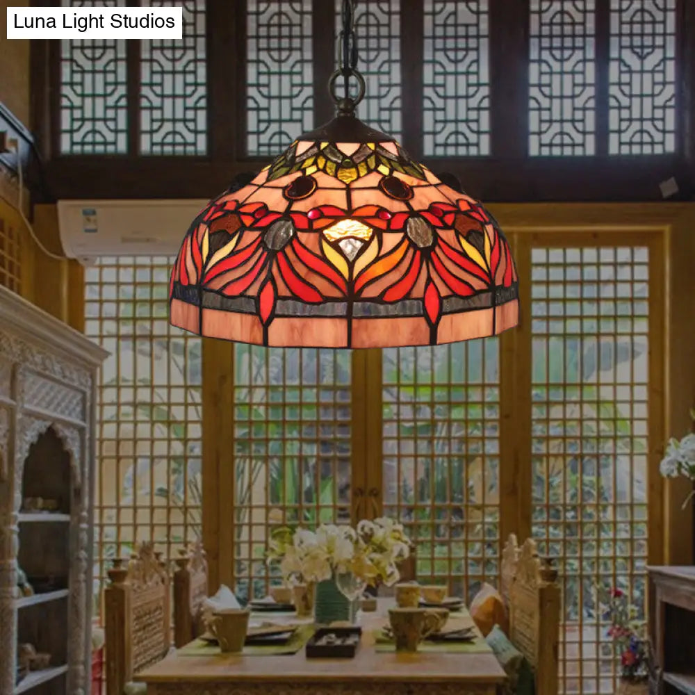 Tiffany Stained Glass Bowl Shade Hanging Light with Red Finish for Dining Room