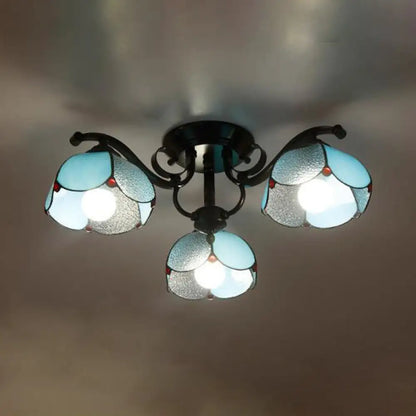 DecorBites™ DecorBites™ Tiffany Stained Glass Ceiling Lamp: Scalloped Design with Multiple Heads - Gray/White/Blue Flush Mount Light