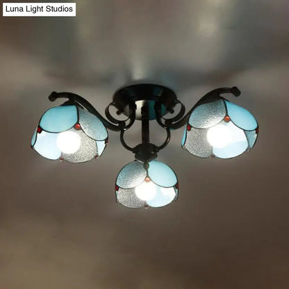 DecorBites™ DecorBites™ Tiffany Stained Glass Ceiling Lamp: Scalloped Design with Multiple Heads - Gray/White/Blue Flush Mount Light