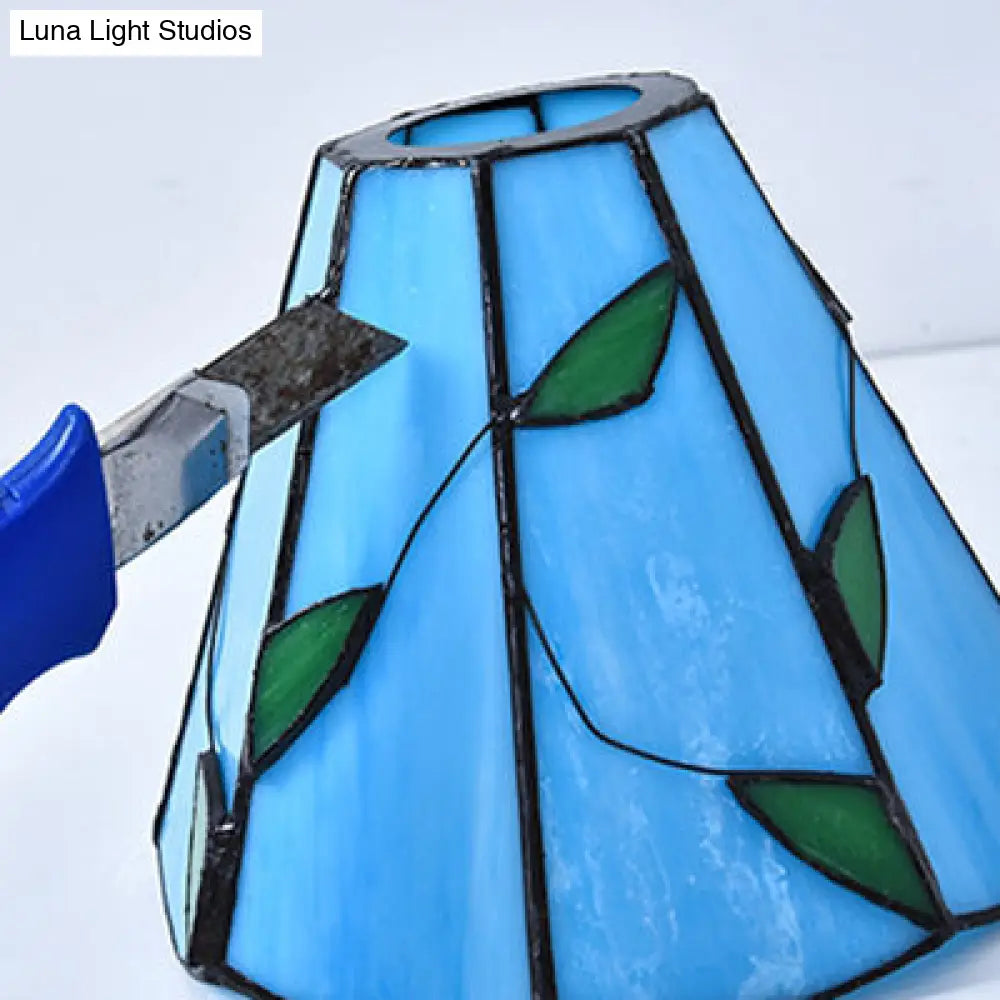 DecorBites™ DecorBites™ Tiffany Stained Glass Ceiling Light Fixture: Conic Shape, Beige/Blue with Leaf Decoration - 3 Lights Flush Mount