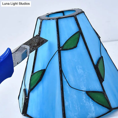 DecorBites™ DecorBites™ Tiffany Stained Glass Ceiling Light Fixture: Conic Shape, Beige/Blue with Leaf Decoration - 3 Lights Flush Mount