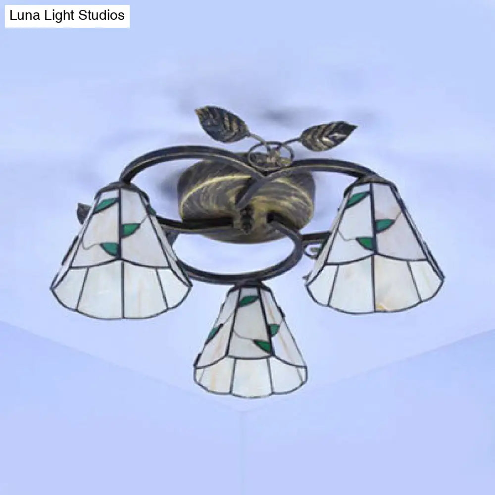 DecorBites™ DecorBites™ Tiffany Stained Glass Ceiling Light Fixture: Conic Shape, Beige/Blue with Leaf Decoration - 3 Lights Flush Mount