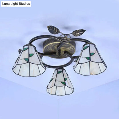 DecorBites™ DecorBites™ Tiffany Stained Glass Ceiling Light Fixture: Conic Shape, Beige/Blue with Leaf Decoration - 3 Lights Flush Mount