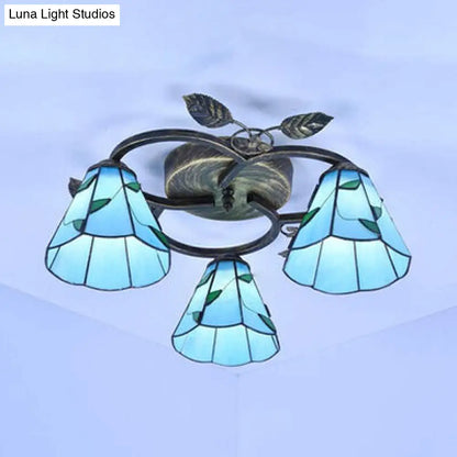 DecorBites™ DecorBites™ Tiffany Stained Glass Ceiling Light Fixture: Conic Shape, Beige/Blue with Leaf Decoration - 3 Lights Flush Mount