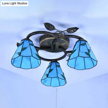 DecorBites™ DecorBites™ Tiffany Stained Glass Ceiling Light Fixture: Conic Shape, Beige/Blue with Leaf Decoration - 3 Lights Flush Mount