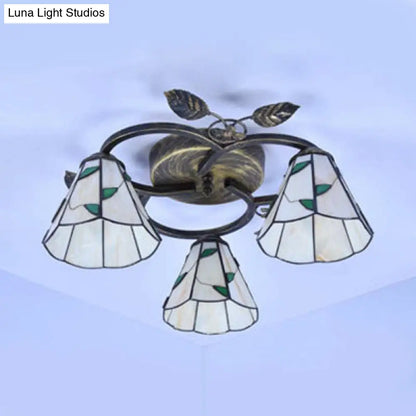 DecorBites™ DecorBites™ Tiffany Stained Glass Ceiling Light Fixture: Conic Shape, Beige/Blue with Leaf Decoration - 3 Lights Flush Mount