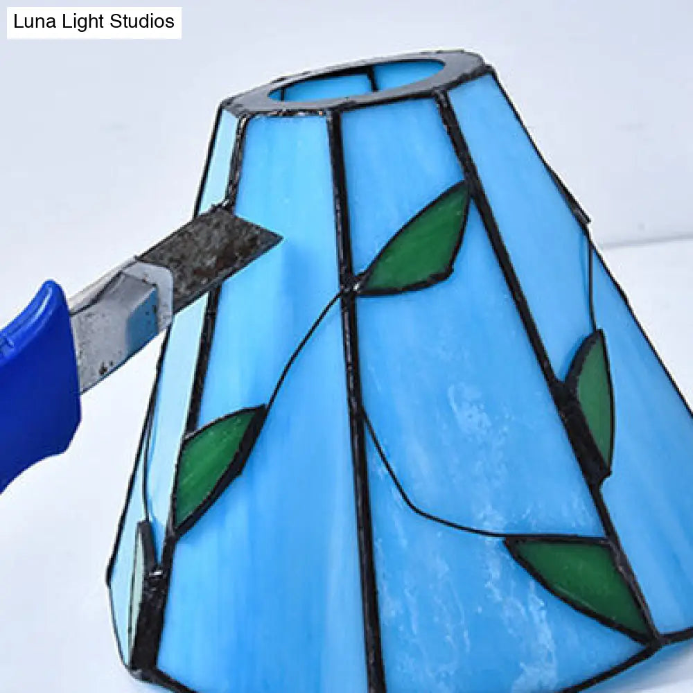 DecorBites™ DecorBites™ Tiffany Stained Glass Ceiling Light Fixture: Conic Shape, Beige/Blue with Leaf Decoration - 3 Lights Flush Mount