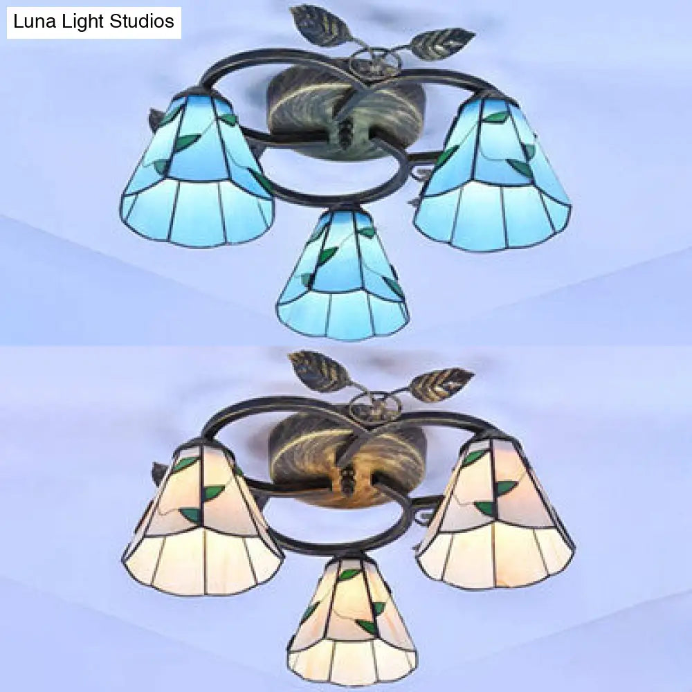 DecorBites™ DecorBites™ Tiffany Stained Glass Ceiling Light Fixture: Conic Shape, Beige/Blue with Leaf Decoration - 3 Lights Flush Mount