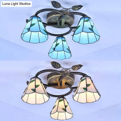 DecorBites™ DecorBites™ Tiffany Stained Glass Ceiling Light Fixture: Conic Shape, Beige/Blue with Leaf Decoration - 3 Lights Flush Mount