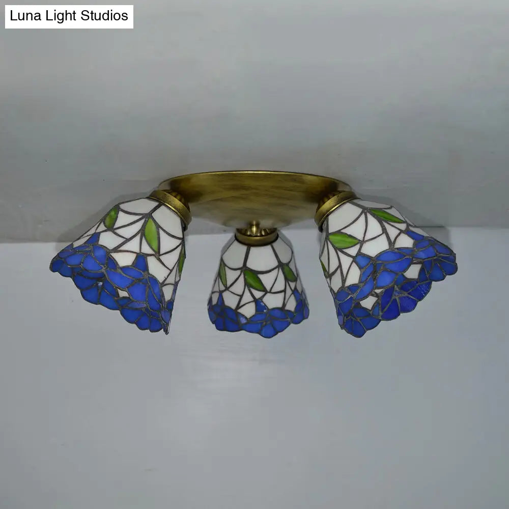 DecorBites™ DecorBites™ Tiffany Stained Glass Ceiling Light in Pink/Blue/Beige for Bedroom with 3 Conic Heads