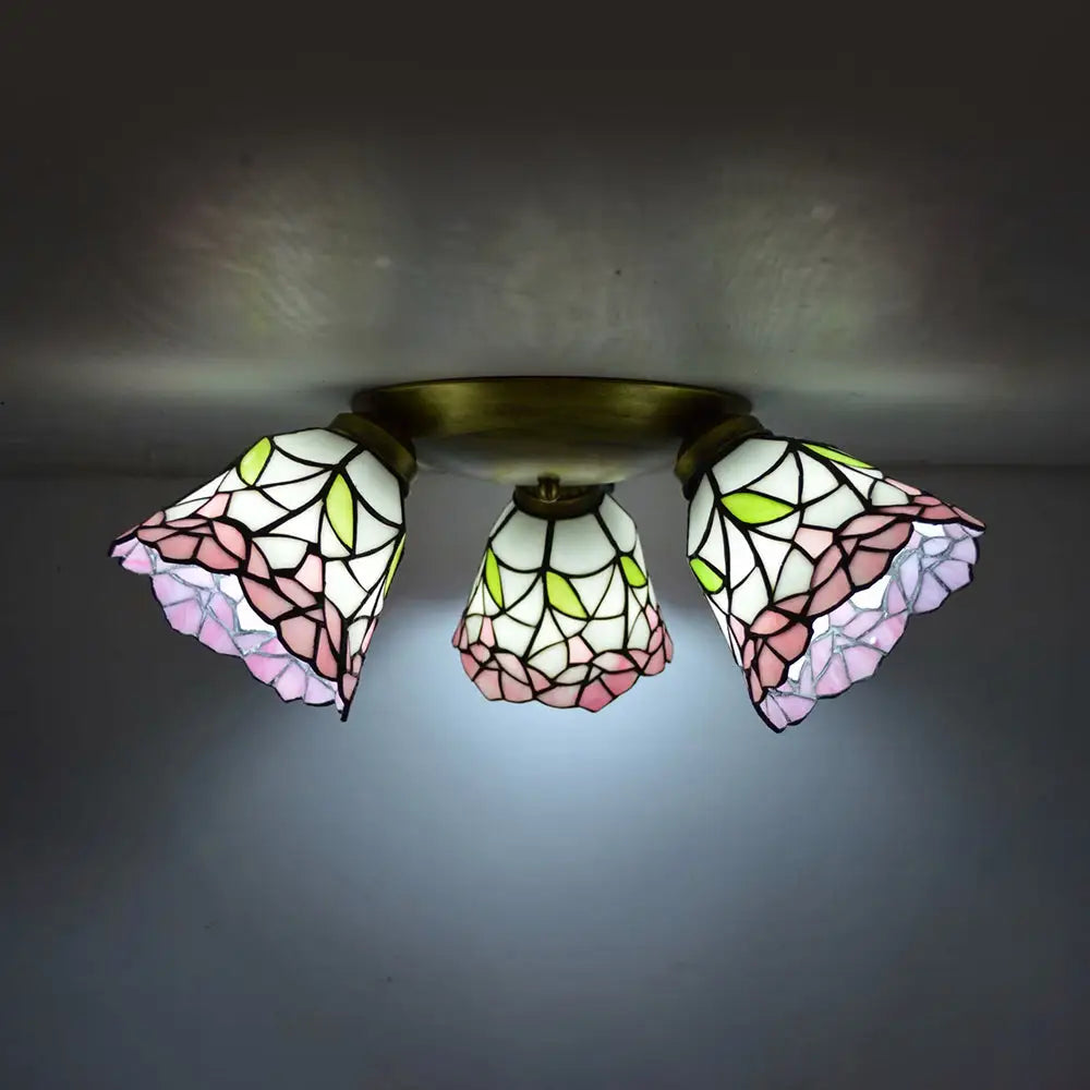 DecorBites™ DecorBites™ Tiffany Stained Glass Ceiling Light in Pink/Blue/Beige for Bedroom with 3 Conic Heads