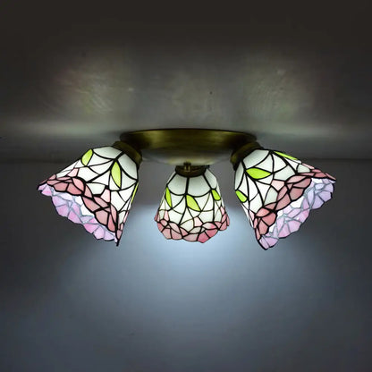 DecorBites™ DecorBites™ Tiffany Stained Glass Ceiling Light in Pink/Blue/Beige for Bedroom with 3 Conic Heads