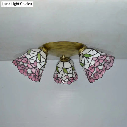 DecorBites™ DecorBites™ Tiffany Stained Glass Ceiling Light in Pink/Blue/Beige for Bedroom with 3 Conic Heads