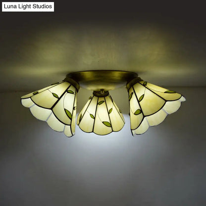 DecorBites™ DecorBites™ Tiffany Stained Glass Ceiling Light in Pink/Blue/Beige for Bedroom with 3 Conic Heads