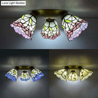 DecorBites™ DecorBites™ Tiffany Stained Glass Ceiling Light in Pink/Blue/Beige for Bedroom with 3 Conic Heads