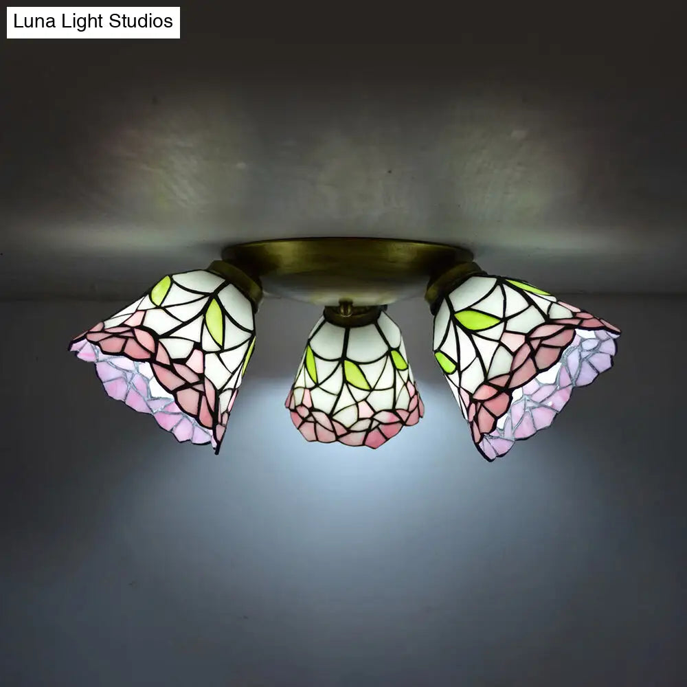 DecorBites™ DecorBites™ Tiffany Stained Glass Ceiling Light in Pink/Blue/Beige for Bedroom with 3 Conic Heads