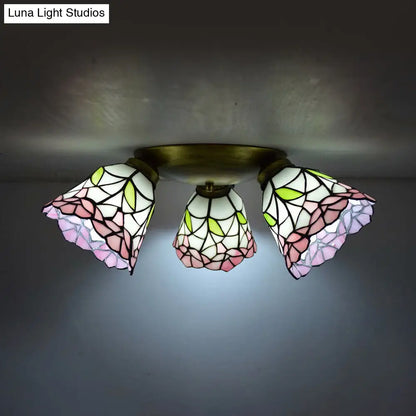 DecorBites™ DecorBites™ Tiffany Stained Glass Ceiling Light in Pink/Blue/Beige for Bedroom with 3 Conic Heads