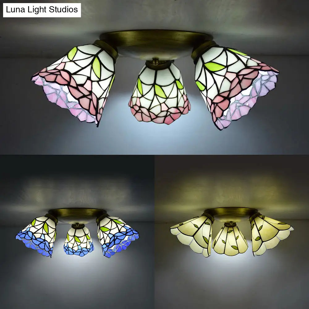 DecorBites™ DecorBites™ Tiffany Stained Glass Ceiling Light in Pink/Blue/Beige for Bedroom with 3 Conic Heads
