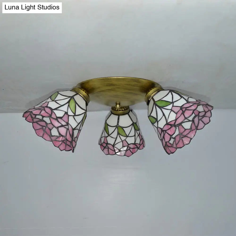 DecorBites™ DecorBites™ Tiffany Stained Glass Ceiling Light in Pink/Blue/Beige for Bedroom with 3 Conic Heads