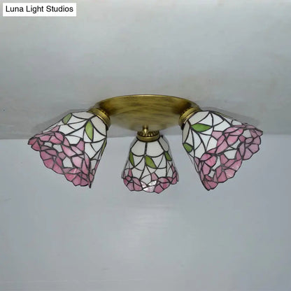 DecorBites™ DecorBites™ Tiffany Stained Glass Ceiling Light in Pink/Blue/Beige for Bedroom with 3 Conic Heads