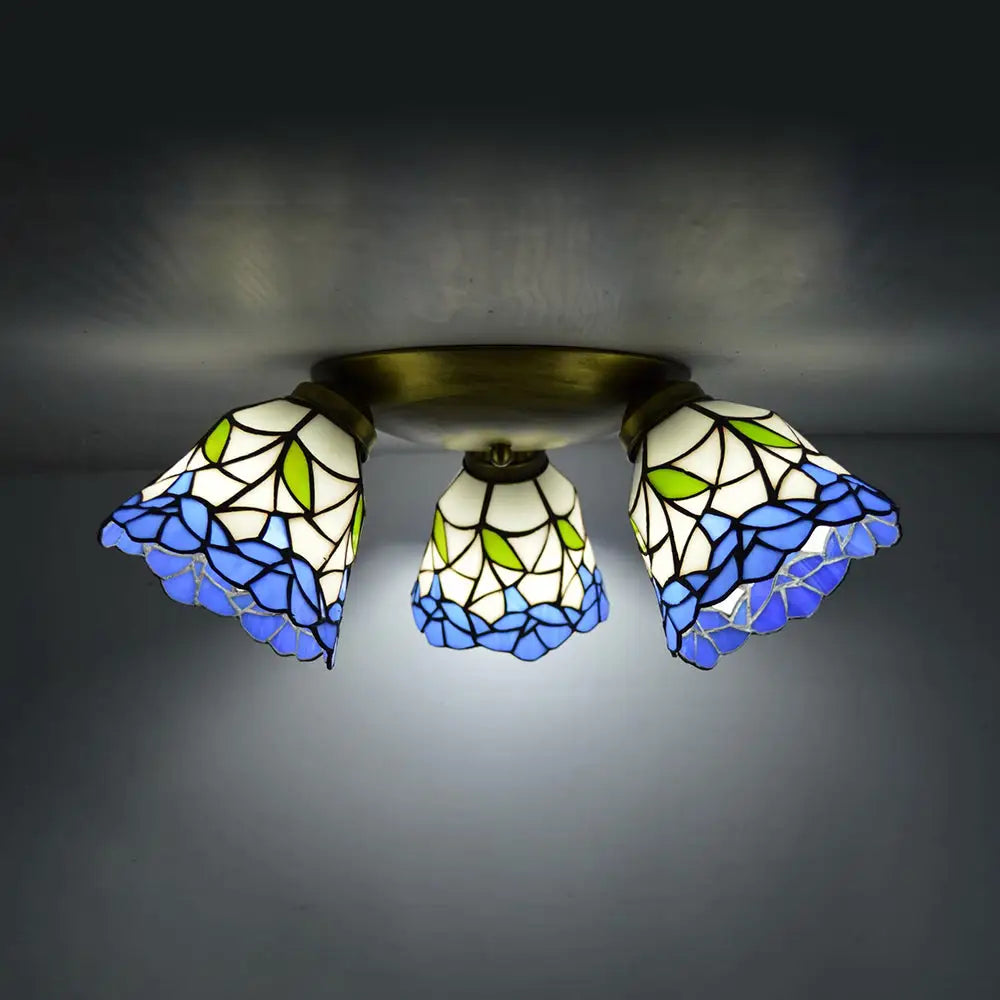 DecorBites™ DecorBites™ Tiffany Stained Glass Ceiling Light in Pink/Blue/Beige for Bedroom with 3 Conic Heads
