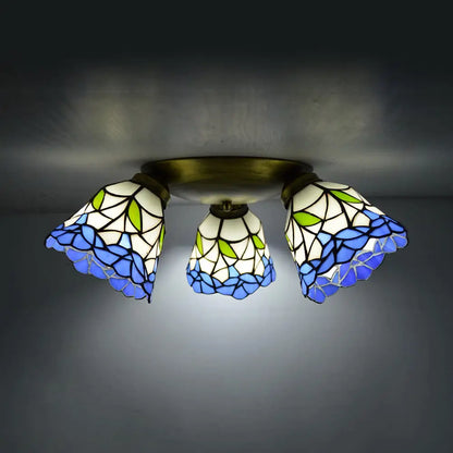 DecorBites™ DecorBites™ Tiffany Stained Glass Ceiling Light in Pink/Blue/Beige for Bedroom with 3 Conic Heads