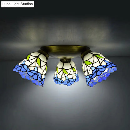 DecorBites™ DecorBites™ Tiffany Stained Glass Ceiling Light in Pink/Blue/Beige for Bedroom with 3 Conic Heads