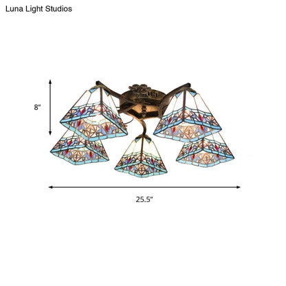 ديكوربايتس™ مصباح سقف تيفاني الزجاجي الملون بخمسة رؤوس صدفية باللون البرونزي العتيق - مثالي لغرفة النوم
